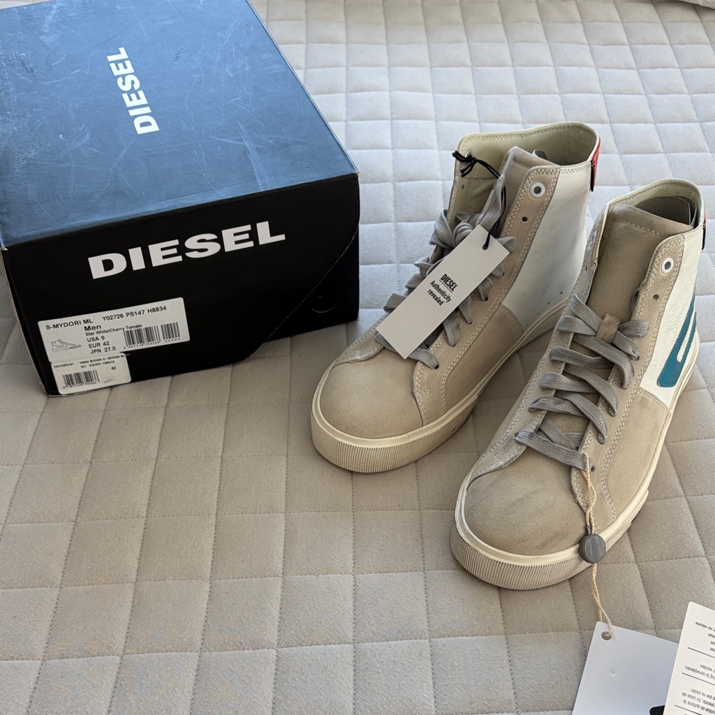 Diesel Men's S-Mydori Ml Star White/Cherry Tomato High-Top Sneakers